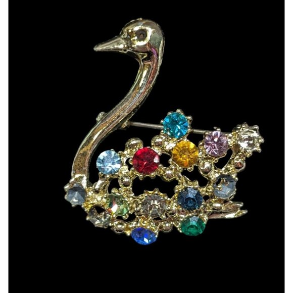 Vintage Swan Brooch Gold Tone With Rainbow Rhinestones - Picture 1 of 4